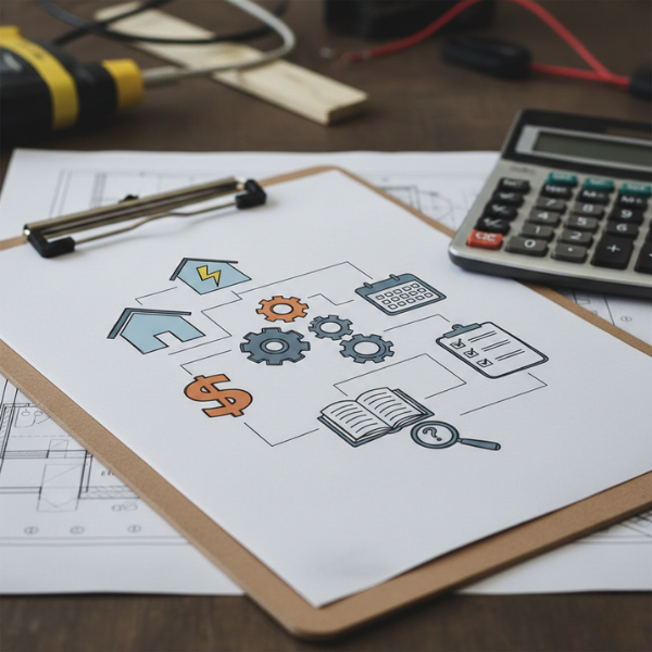 Diagram showing electrical estimate components: labor, materials, overhead, profit, regulations, and scheduling.
