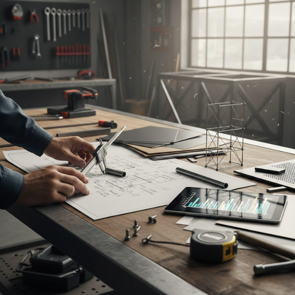 Engineer estimating metal fabrication cost with caliper and blueprints.
