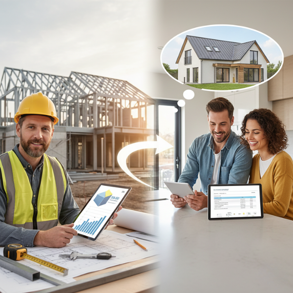 Contractor and homeowner reviewing detailed metal fabrication cost estimates on a tablet.