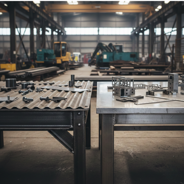Metal building components on fabrication tables