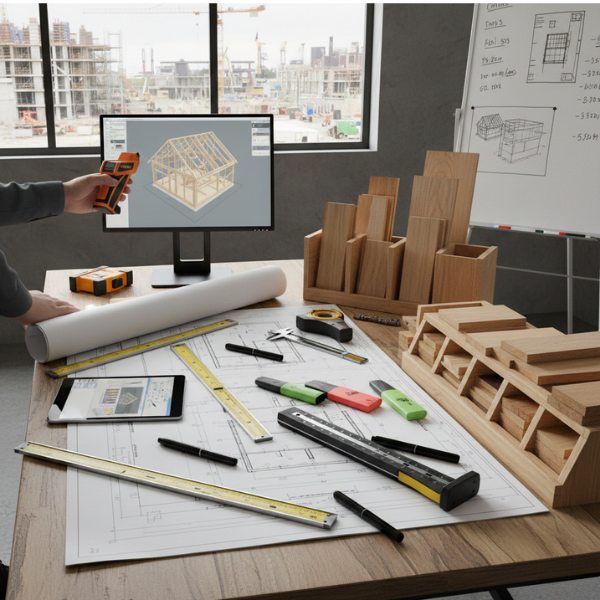 Construction plan, CAD model, and lumber on a desk for material takeoff.
