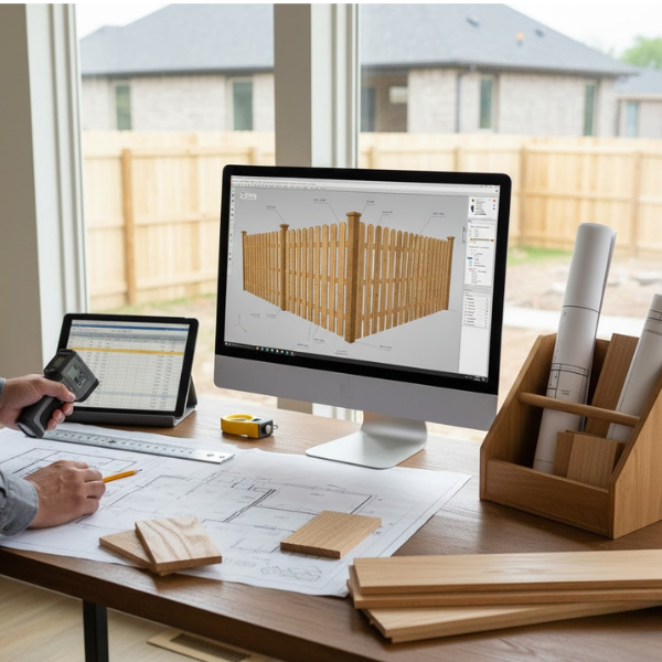 Digital plan and tools used for estimating wood and lumber for a fence project.