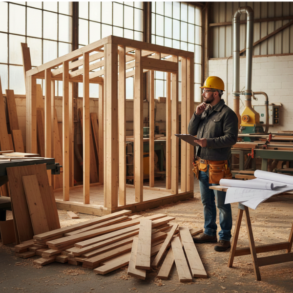 Construction worker in hardhat estimating lumber for a wooden shed frame in a workshop.
