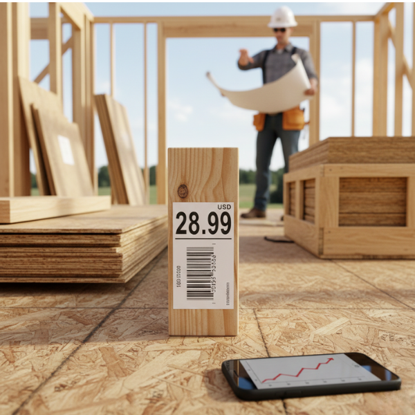 Stacked construction-grade lumber next to digital takeoff plans and blueprints.