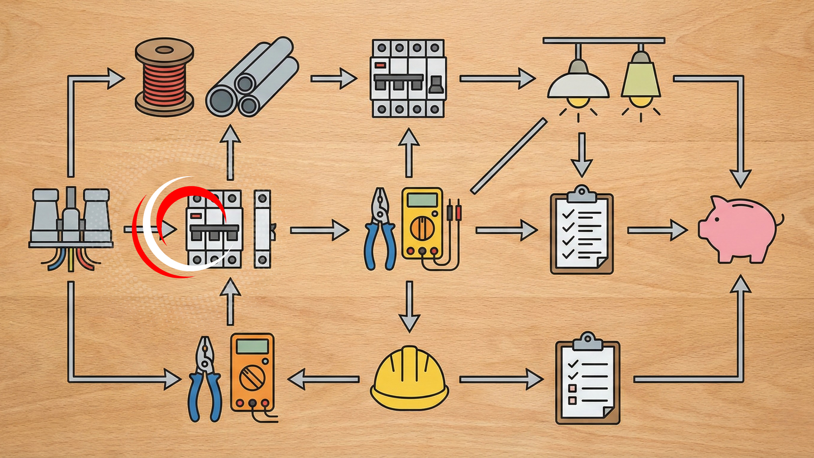 Flat illustration showing electrical cost factors including wire spools, breaker panels, tools, labor hard hat, and a piggy bank connected in a workflow.