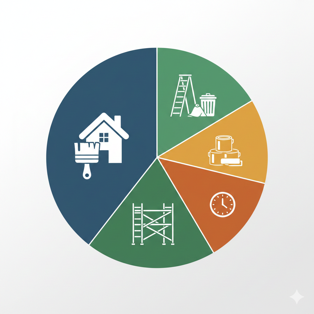 Pie chart illustrating the four main components of house painting costs: labor, materials/paint, prep/cleanup, and equipment/scaffolding