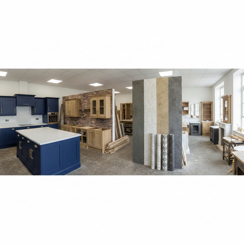 Showroom with blue and natural wood kitchen cabinets, island, exposed brick wall, and samples for wall finishes.